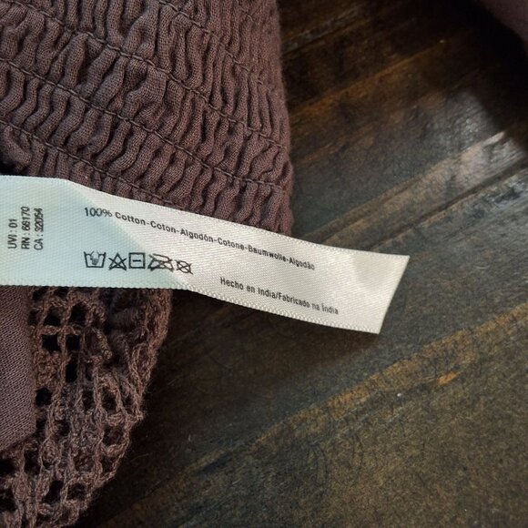 Free People One Sydney Blouse Semi-Sheer Crochet Accents Smocked Waist Sz S Moch - Picture 8 of 10